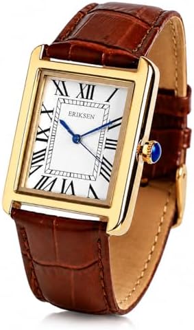 ERIKSEN Mens Retro Rectangular Dress Watch, Gold-Tone Case, Brown...