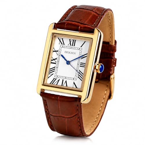Image of ERIKSEN Mens Retro Rectangular Dress Watch, Gold-Tone Case, Brown Leather Strap, Japanese Quartz Analog Movement CMG-BRN