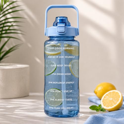 Image of DFIT 2L Transparent Motivational Water Bottle with Motivational Quotes, Time Marker, cute stickers, sippers, Leakproof Durable BPA Free Non-Toxic Plastic Bottle for Fitness, Gym (Blue)