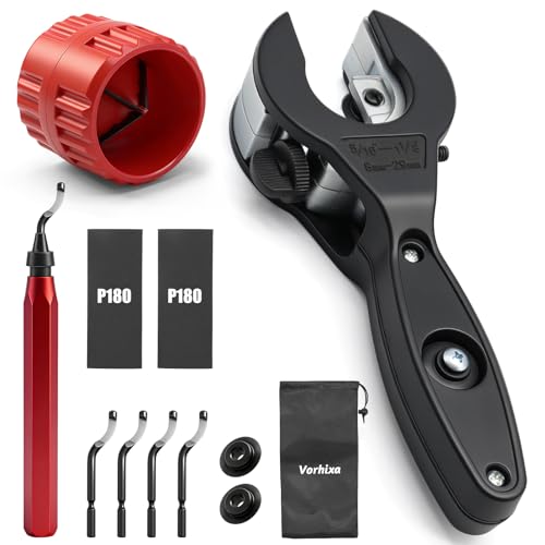 12 Pcs Ratcheting Pipe Cutter Tool Kit Heavy-Duty Copper & PVC Pipe Cutter Tubing Cutter 5/16 to 1-1/8 Close Quarters Tube Compact Cutter with Deburring Tools and Storage Bag for Professionals