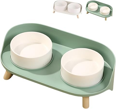 Wnicek ペットボウル 食器台 犬用 猫用 脚付 水飲みボウル フードボウル 陶器製 かわいい フードボウル スタンドセット ペット用品 セラミック 給水器 ペットボウルスタンド 猫 中小型犬 エサ入れ2口食器付 ダブル食器 グリーン