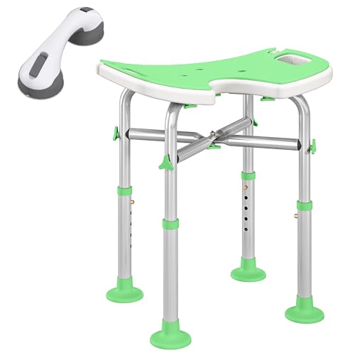 HOMCOM Height Adjustable Shower Stool with Suction Grab Rail, Aluminium Shower Chair with U-Shaped Padded Seat, Non-Slip Bath Stool for Elderly, Disabled, Seniors, Pregnant, Green