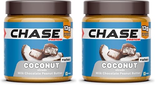 Image of Chase High Protein Peanut Butter Creamy 400g | With Isolate Whey & 120g Protein in Jar | 12g Per Serve | Milk Chocolate Coconut Flavour with Coconut Shreds | Nut Butter for Breakfast, Fitness & Gym