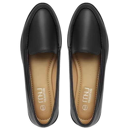 Image of MUSSHOE Women's Loafer Slip-on Flats for Women Dressy Comfortable Loafers for Women Black Pu