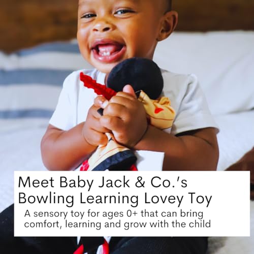 Image of Baby Jack & Co 10x10 Bowling Sports Lovey Sensory Plush Blanket - Tag Toys for Babies - Baby Stroller Toys - Learn Shapes, Letters & Colors - Perfect MVP Baby Toy & Baby Sports Gift w /Stroller Clip