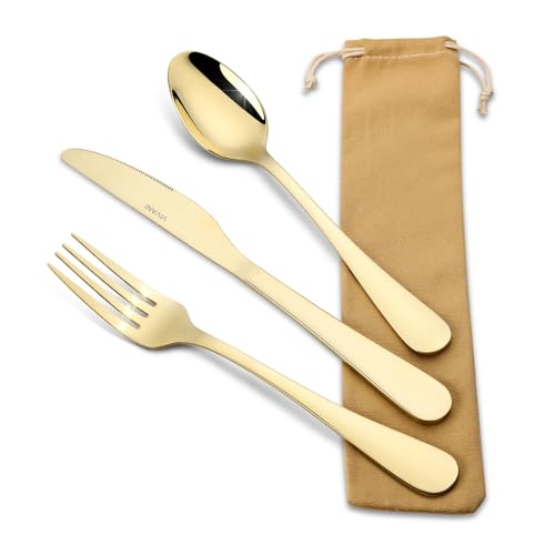 VIVANI Portable Utensils Set with Case, 3-Piece Reusable Stainless Steel Flatware Set for Travel, Camping, Lunch Box & Office, Champagne Gold Fork, Knife, Spoon with Carry Bag VIVANI Portable Utensils Set with Case, 3-Piece Reusable Stainless Steel Flatware Set for Travel, Camping, Lunch Box & Office, Champagne Gold Fork, Knife, Spoon with Carry Bag
