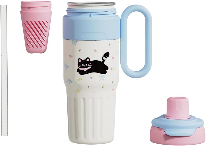 ZZT 26 OZ Stainless Steel Tumbler With Ceramic Coated Interior with Handle and Straw,Leak Proof,Stainless Steel Insulated Mug,Gifts for School,Work,Home (Cute Cat) - Image 2