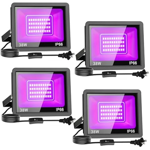 THECHAM 38W LED Black Lights IP66 Waterproof Black Light Outdoor with 5ft Plug+Switch,Flood Blacklight for Halloween Glow in The Dark Party Stage Light Neon Glow Birthday 4 Pack Cover