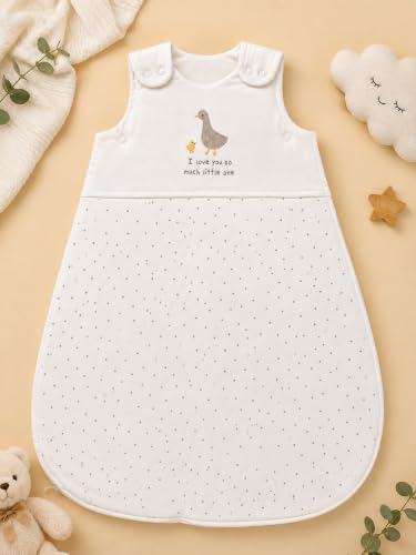 Image of TuddyBuddy Baby Cotton Wearable Quilted Sleeping Bag Blanket 1.5 Tog with 1 Way Zipper Closure | Ideal for Babies & Kids Hypoallergenic Fabrics | (Ducks & Small Dots AOP - White, 12-18 Months)