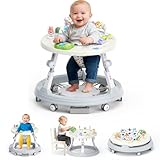 4-in-1 Foldable Activity Center- Baby Walker with Wheels, 360-degree Rotatable Play Tray, 3-Stage Adjustable Height, for Boys and Girls 6-18 Months, Music and Lights