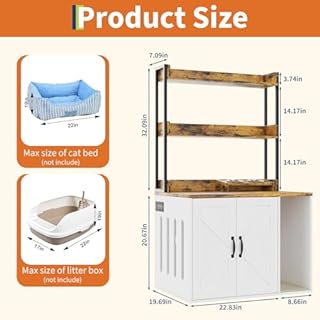 IDEALHOUSE 55" H Cat Litter Box Enclosure Hidden Litter Box Furniture Wooden Cat House with 2 Storage Shelves and Charging Sockets Large Indoor Cabinet for Living Room Entryway White&Rustic Brown