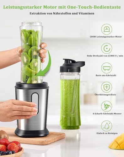 Mixer, 500W Mini Standmixer & Smoothie Maker mit 2x600ml Flaschen BPA frei Tritan, Tragbarer Mixer Smoothie Maker aus Edelstahl 4-Blatt für Shake, Smoothie, Silber (Silber und Schwarz) – Bild 3