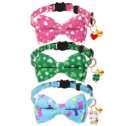 JarThenaAMCS 3Pcs Valentine s Day St. Patrick s Day Easter Cat Collars Adjustable Kitten Collar Heart Shamrock Bunny Bowtie Collars with Breakaway Bell Charm for Puppy Small Pet