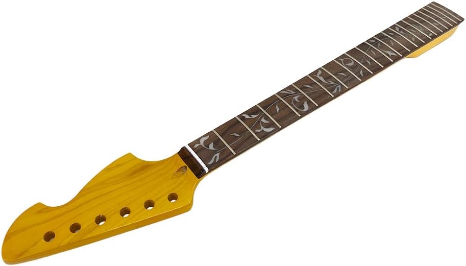 Maple Gloss Yellow Finish Electric Guitar Neck 25.5" Scale, Rosewood Fretboard 22 Frets, C Shape 10-12" Radius Normal Nut Bolt-On Heel Guitar Parts Replacement (Vine Inlay Without Binding)