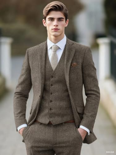 VENNYNG Men's Vintage Tweed Wedding Suits Blazer Vest Pant Set for Office Prom Casaul 3 Piece Groomman Wear4