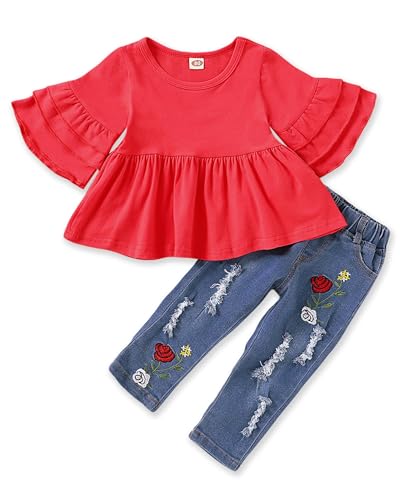 NZRVAWS Baby Girl Clothes Toddler Girl Outfits Infant Ruffle Shirt Denim Ripped Jeans Cute Clothing Set