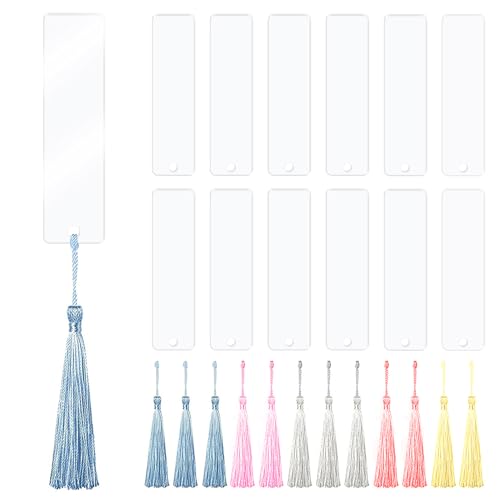 qingmeng Acryl Lesezeichen Rohlinge, 12 Set Blanko Bookmark, Lesezeichen Personalisiert, 12 Transparent Rechteckig Bookmark 12 Bunten Quaste (Zufällige Farbe) für DIY Geschenkanhänger