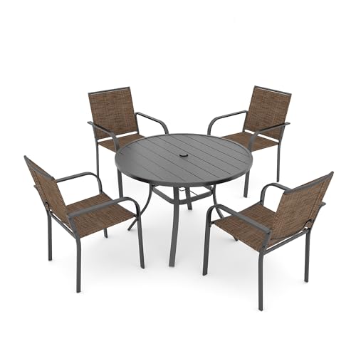 Image of Anmutig 5-Piece Outdoor Dining Set 4 Stackable Chairs & 41 inch Round Table with Umbrella All Weather Furniture Set for Lawn Deck Backyard -Brown