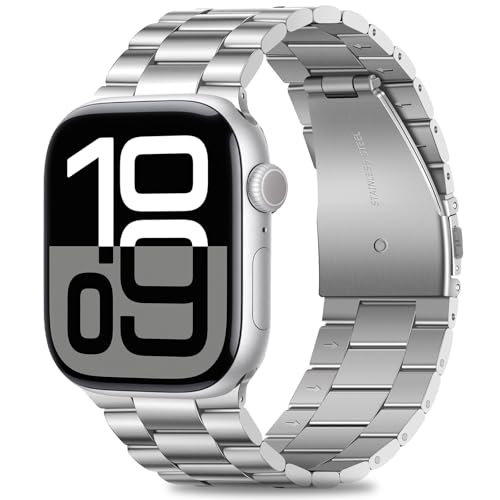 Image of HITZEE Compatible with Apple Watch Band 42 /41 /40 /38mm Business Stainless Steel Metal Strap Men Women Link Bands Compatible for iWatch SE3-1 Series 11 10 9 8 7 6 5-1, 38 /40 /41 /42mm Silver
