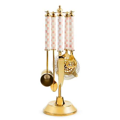 MACKENZIE-CHILDS 3260 Bar-Tool Set, Pink-and-White Rosy Check Gold