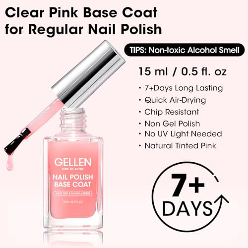 GELLEN Clear Nail Polish Base Coat Sheer Tinted Pink, Natural Color Regular Nail Polish, Calcium Formula Strengthens Nails, Enhances Natural Look, Quick Air Dry, Hema Free, Non-toxic, Anti-yellowing