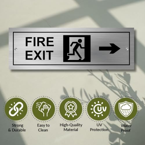 Image of Stainless Steel Fire Exit Sign Board for Office, Mall, Restaurant, Hotel & Commercial Buildings | Premium Safety Exit Signage with Durable Rust-Free Finish | 12x4inch