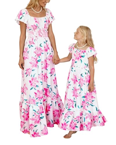 Mommy and Me Matching Dresses Summer Floral Boho Ruffled A-Line Beach Maxi Dress with Pockets (US, Alpha, Large, Regular, Pink)