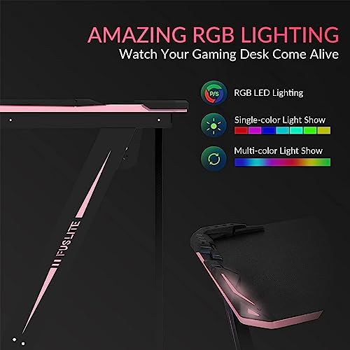 Fuslite 55 Inch Gaming Desk With Led Lights, Carbon Fiber Surface Z-Shaped Pc Computer Table, With Headphone Holder, Cup Holder, Cable Management Box, Ergonomic Gaming Table For Gamer, Pink And Black #TOP3