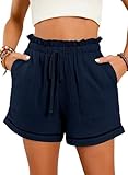 FMIRREO Womens Shorts Pull On Lounge Black Shorts for Women Casual Summer Beach Comfy Shorts Ladies Loose Fit Elastic Waist Drawstring Cotton Linen Short with Pockets Navy X-Large