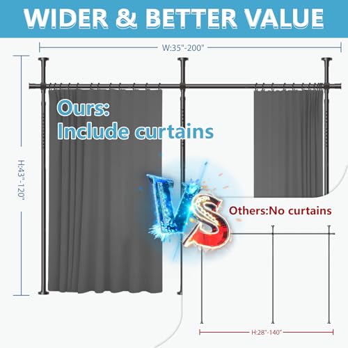 Image of JILRON No-Drill Room Divider Curtains Set: Includes 106 inch W x 84 inch L Grey Curtain 2-Panel & Adjustable Pole Brackets (72-200 inch W x 43-120 inch H Adjustable Range)