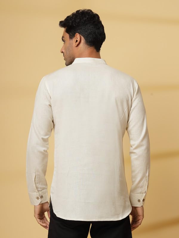 Image of Vastraa Fusion Men's Handloom Weaving Pure Cotton Short Kurta, Round Collar, Full Sleeves,Button Kurta, Ethnic Wear