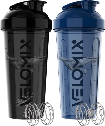 VELOMIX -2 Pack- 28 oz Protein Shaker Bottles for Protein Mixes - 2x Wire Whisk | Leak Proof Shaker Cups for Protein Shakes | Protein Shaker Bottle Pack | Shakers for Protein Shakes-Blue&Black