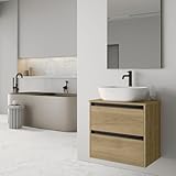 Mueble de Baño Suspendido Fondo Reducido con Lavabo Sobreponer Cerámico para Aseos| Mueble Volado 2 Cajones con Tirador| 60 cm Roble Natural Tirador Negro