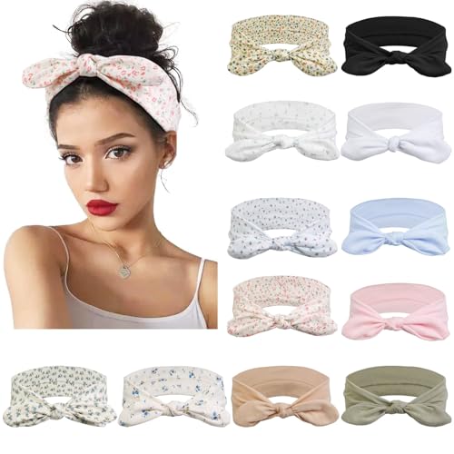 Image of 12 Pack Wild Floral Bow Headbands for Women Elastic Headwraps Hair Band Yoga Running Sports Knotted Headband Stretchy Rabbit Ears Turban Fashion Sport Cute Hair Accessories(Elastic Floral Hairbands)