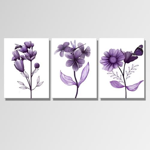 sechars 3 Piece Purple Flower Canvas Wall Art Abstract Transparent