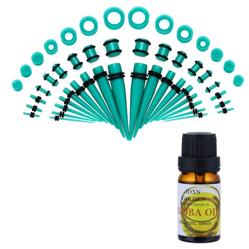 JDXN 50 Pieces Acrylic Ear Stretching Kit + Aftercare Jojoba Oil Tapers Plugs Silicone Tunnels Gauges Expander 14G-00G Jewelry 50 Pieces Set Body Piercing Jewelry (Turquoise blue)