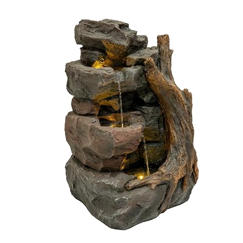 Fuente de agua eléctrica 'WILLOW SPRINGS' | Cascada efecto piedra | 70x58x65cm | 3 Luces LED blanco cálido | Poliresina resistente | Bomba silenciosa | Cable 7m |Cepillo incluido | Deco Exterior