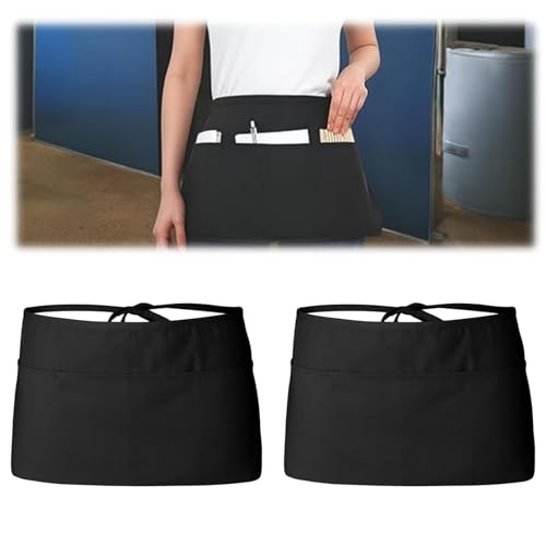 FWORUAIS 2PCS Waitress Apron, Black Waist Apron Short Half Server Aprons for Waitress Waiter Chef Women Men with 3 Pockets