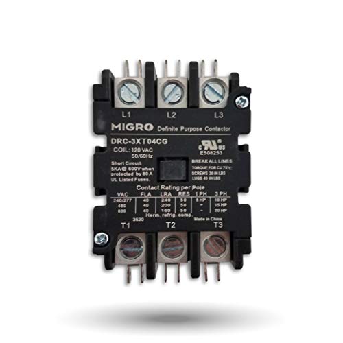 Migro 3 Pole, 40 Amps, 110/120 VAC Coil Heavy Duty AC Contactor Replaces Virtually All Residential 3 Pole Models