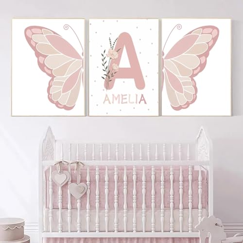 3 Affiches Papillon Rose Prenom Personnalisé Bebe 30x40cm Tableau Decoration Murale Chambre Fille Toile Poster Enfant Cadeau SANS CADRE