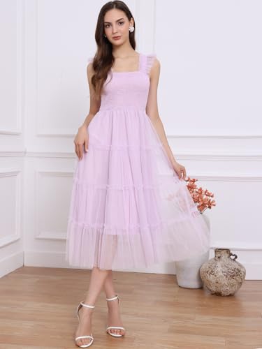 Image of Allegra K Women's Summer Midi Tulle Dress Sleeveless Smocked Square Neck Tiered Ruffled Wedding Guest Dress
