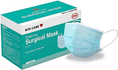 BYD Medical Grade ASTM Level 3 Blue 3-Layer Disposable Face Masks 50 PCS(1 Box) for High Protection,Qualification of EN14683,Elastic Ear-Loops,Metal Nose Wire,1x Melt-Blown,2x Non-Woven