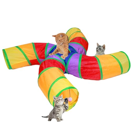 Image of EGETOTA Cat Tunnel for Indoor Cats Large, with Play Ball S-Shape 4 Way Collapsible Interactive Peek Hole Pet Tube Toys, Puppy, Kitty, Kitten, Rabbit (S4 - Multicolor)