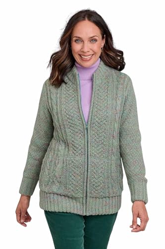 Image of Amber Ladies Borg Fleece Lined Zip Cardigan Cable Knit Design Warm Marl Yarn with Full Zip Front Sage 16-18
