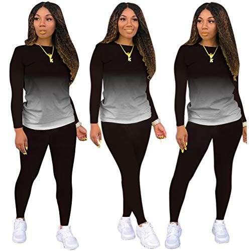 Tie Dye Outfits Sweatsuit Sets for Women 2 Piece Plus Size Sexy Casual Long Sleeve Crop Tops and Pants Tracksuits Black M