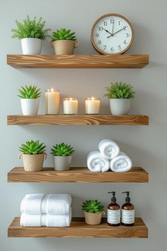 Image of Solid Wood Floating Wall Shelves Set of | Rustic Wooden Display Shelves for Living Room, Bedroom, Kitchen & Bathroom | Heavy Duty Wall Mounted Shelves (20 inches, 4 Shelves)