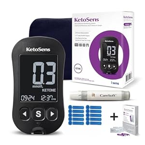 KetoSens Blood Ketone Monitoring System Set: Single Meter +50 Ketone Test Strips, 10 Lancets (30G), 1 Lancing Device, 2 Batteries, a Instructions for Use, 1 Logbook, 1 Carrying Case