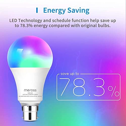 meross Alexa Smart Light Bulbs WiFi Smart Bulbs B22 Bayonet Compatible with Echo Alexa Google Home, SmartThings Dimmable Warm White and 810Lumens RGBCW Smart Bulb 9W (60W Equivalent)[4 Pack]