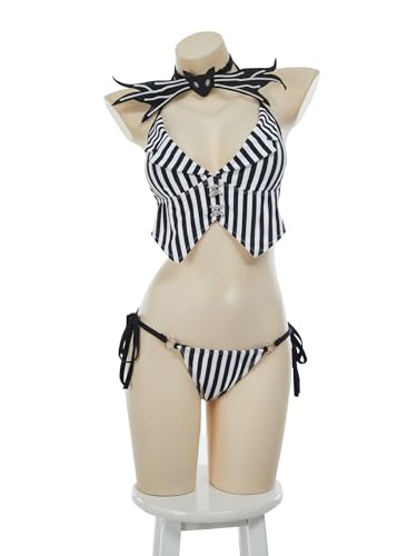 MEOWCOS Goth Bikini Swimsuit Gothic Black White Striped Personalized Bathing Suit Dark Style Goth Swimsuit4