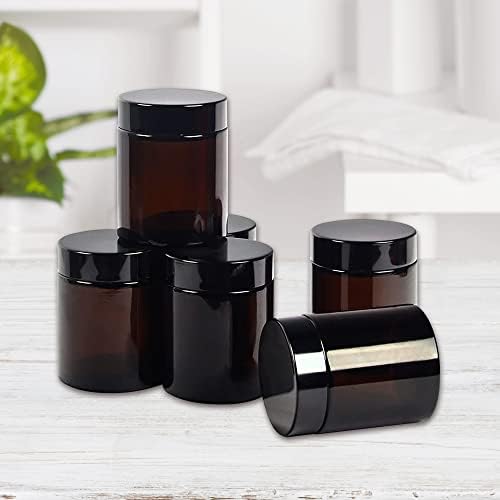Brown Glass Cosmetic Tinted Jars (12 Pack) with Screw On Lids and White Liners for Creams, Lotions and Essential Oils - 6oz / 180ml Tubs